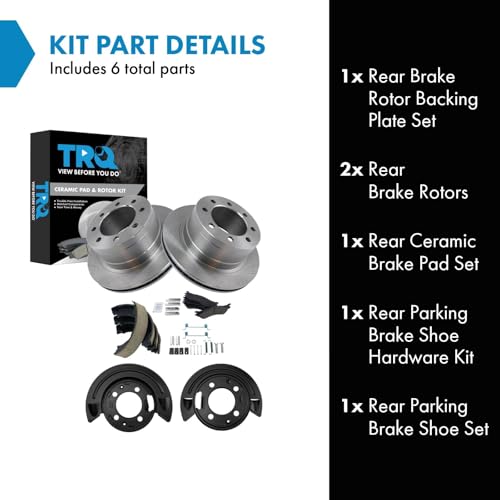 Image of TRQ Rear Brake Pad and Rotor Kit Brake Pads Rotor Backing Plate Parking Shoe Hardware Kit Parking Shoe Set Ceramic Compatible with 2003-2005 Dodge Ram 2500 Ram 3500