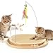 Tivray Katzen Kratzbrett, Natürliches Sisal Kratzpad mit Ballbahn und 3 Plüschspielzeugen, Interaktives Katzenspielzeug für Kitten zum Jagen, Krallenpflege, Indoor Rundes Holz Kratzspielzeug
