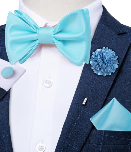 Image of DiBanGu Satin Bow tie Self-Tied Bowtie Set for Men Wedding Prom | Solid Color,Skin-Friendly,Versatile Accessory,Lapel Pin,Pocket Square,Cufflinks,School Dance,Banquet,Dinner,Celebration