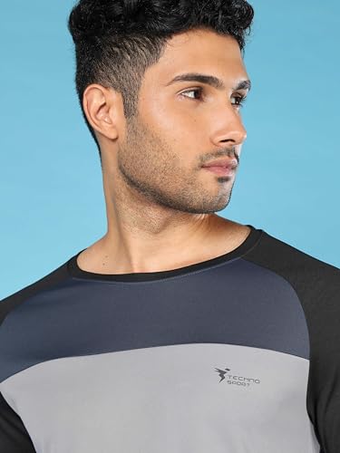 Image of TECHNOSPORT Men's Slim Fit Polyester Color Block Athleisure Crew Neck T-Shirt with Full Sleeve, Moisture Wicking and Quick Dry