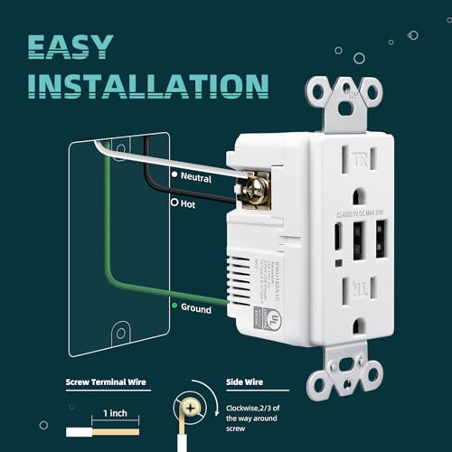Topeler EWU162A1C Usb C Wall Outlet, 15A Tamper Resistant Receptacle thumb #5