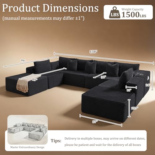 Image of 138 inch Cloud Sectional Couch, Comfort U Shaped Sofa for Living Room, Extra Deep Seats No Assembly, Minimalist Modular Couch, Corduroy (Black, 8 Seats,U-Shape A)