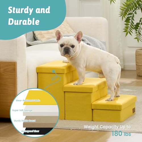 Image of Dog Stairs with Storage, 3-Step Wider Sturdy Dog Steps for Small /Medium /Large Dogs and Older Cats, Folding Doggie Ramp for Bed /Couch /Car Hold Up to 180 lbs (16.7 inch H, Yellow)