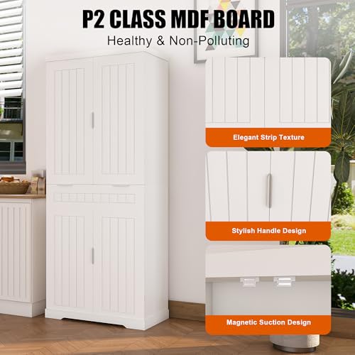 Image of 72 inch Tall Kitchen Pantry Cabinet with Drawer & Adjustable Shelves,Farmhouse Versatile Modern Compact Pantry Storage Cabinet w /12 Door Shelves,Anti-Tip Safety Design for Small Kitchen,Dining Room