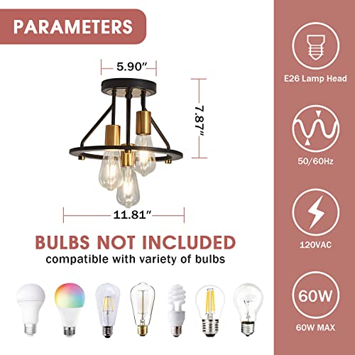 Qgiytp U-1083 Industrial Semi Flush Mount Ceiling Light Fixture 3-Light Matte Black And Gold Chandelier E26 Farmhouse Ceiling Lamp thumb #1