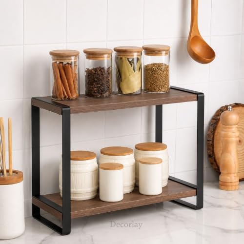 Image of Decorlay Metal & Wooden Spice Rack Organizer Space Saver Counter-top Storage for Kitchen, Bathroom, Office, and Cosmetics (Brown + Black, Two - Tier)
