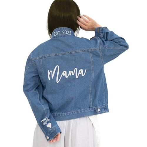 LULLBABYMALL Custom Mama Denim Jacket With Pearls, Embroidered Jacket For, Mama EST Denim Jacket Pearls, Custom Kids Names On Sleeve, Embroidered Denim Jacket2
