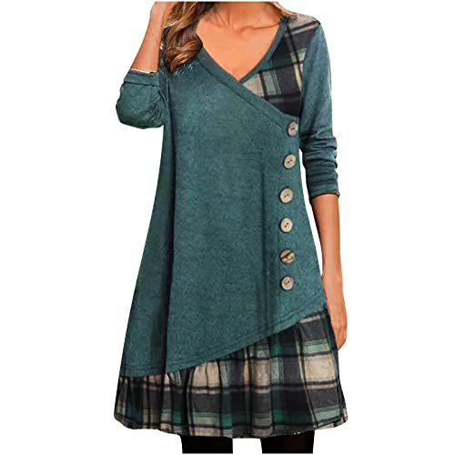 A-Linie Kleid Damen Kleider Kariertes Patchwork Minikleid Langärmliges Skaterkleid mit V-Ausschnitt Kaschmir Frühlingskleid Tunikakleid in...