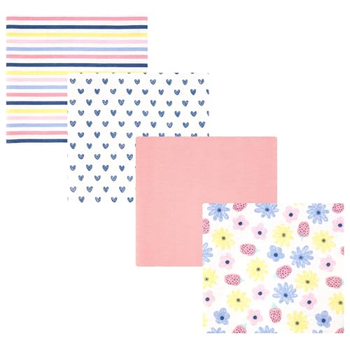 Image of Hudson Baby Infant Girls Cotton Flannel Receiving Blankets 4-Pack, Flowers And Strawberries, One Size