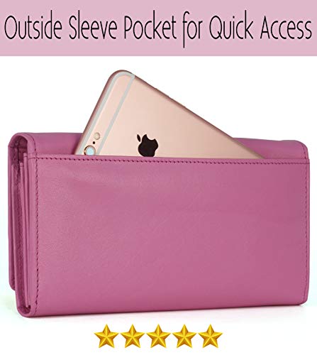 Image of Women's Top Grain Leather Wallet, RFID Blocking Bifold clutch, 17 Card Slots, Zip Pocket Organizer, Elegant Gift for Women - Birthday, Valentine, Anniversary - PINK