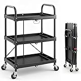 DUMOS 3-Tier Folding Utility Cart, Collapsible Service Cart with 4 Swivel Wheels & Brakes, 120LBS Capacity & Collapsible Storage Rolling Cart for Kitchen, Office, Garden, Garage, Black