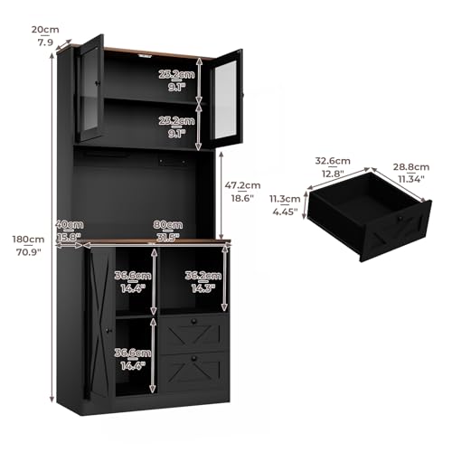 Image of 71''Kitchen Pantry Storage Cabinet with LED Lights and Power Outlet, Tall Farmhouse Kitchen Hutch with Microwave Stand,Globet Hooks and Adjustable Shelf for Dining Living Room,Black