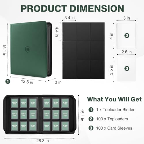 Image of Top Loader Binder 9 Pocket, Holds 360 Toploaders, 100 Toploaders INCLUDED | Toploader Binder for 3 inch x 4 inch Rigid Toploaders, Trading Card Binder for TCG, MTG, Sport Cards, PU Leather Cover, Side Loading