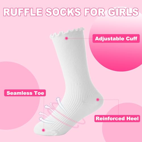 BISOUSOX Girls Socks 6-8 Years Old White Ruffle Socks Cute Crew Frilly Ruffled Kids School Dress Sock for Girls 8-10 124