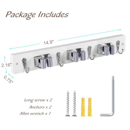 Image of OUTNILI 2 Pack White Mop Broom Holder Wall Mount with 3 Slots & 4 Hooks - Rustic Wood Broom Mop Hanger for Pantry Kitchen Organization - Garden Tool Organizer for Closet Laundry Room