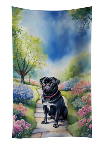 Caroline's Treasures Black Pug Spring Path Kitchen Towel Dish Cloths Guest Hand Towel Decorative Bathroom Towel for Face,Tea, Dishcloth, Kitchen and Bath