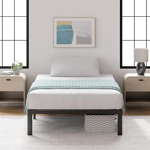 Consejos para Comprar Bases Individuales Economicas los mejores 5. 47 Zinus Yelena - Marco de Cama con Plataforma de Metal de 14 Pulgadas, Soporte de Listones de Acero, no Necesita somier, Embalaje ecológico WonderBox (TM), fácil Montaje, Negro,...