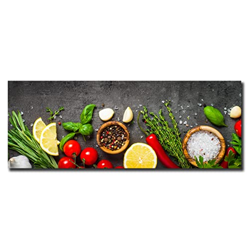 daazoo Küchenbild Fresh Mélange 30 x 80 x 0,4 cm I Glasbild | Frische Kräuter & Gewürze | Tomaten Zitrone Pfeffer Salz Chili Knoblauch Rosmarin I Bild auf Glas I Küche Esszimmer | Home Deko XXL Cover