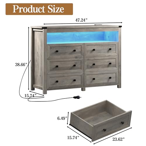 Image of Wodeer Grey Dresser 6 Drawer Dressers for Bedroom with LED Lights, Charging Station, Wood Chest of Drawers with Metal Handles, Modern TV Stand Storage Cabinet for Living Room, Hallway, Entryway, Gray