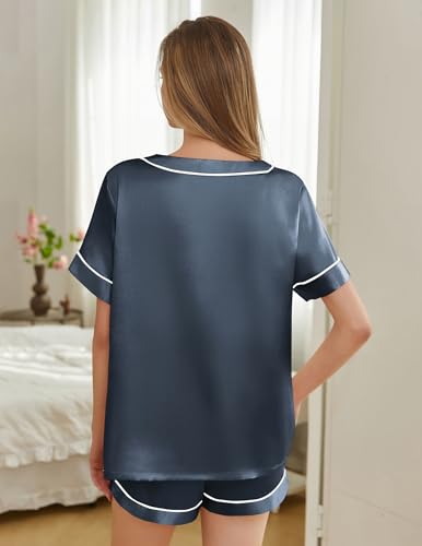 Image of Silk Pajamas for Women Short Sleeve Satin 2 Piece Pj Set Soft V Neck Sleepwear Loungewear, S-XXL