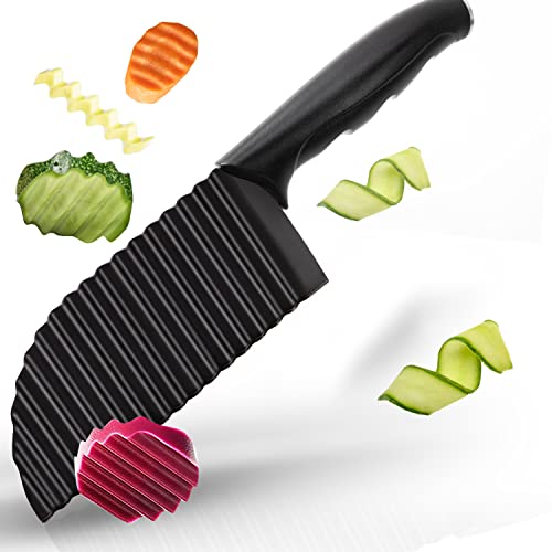 Crinkle Cut Knife - 420 Stainless Steel Blade Wavy Knife Quick Vegetable Cutter For French Fries Chopper Salad Cutting Tool Home Kitchen Chopping Slicer, Black