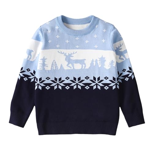 Niños Niñas Navidad Dibujos Animados Ciervos Cálidos Suéter de Punto Manga Larga Tops Prendas de punto Chaqueta Abrigo, azul, 3-4 años