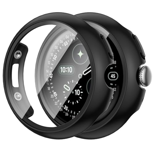 JZK 2-Pack Case with Screen Protector Compatible for Google Pixel Watch 4 (2025) 41mm Direct Charging High Sensitivity Slim Bumper Protective Cover with Tempered Glass for Pixel Watch 4 Black+Black