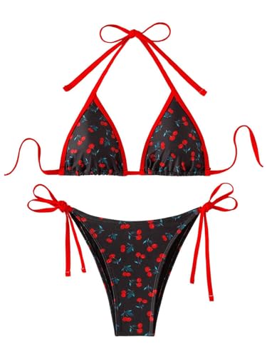 WDIRARA Women's Cherry Print Halter Swimsuit Contrast Binding Bikini Set Two Piece Tie Side Bathing Suit