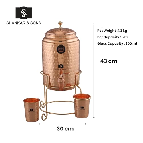 Image of SHANKAR & SONS 5 Litre Copper Water Dispenser Pot with Golden Iron Stand and 2 Glasses | Hammered Texture, BPA Free, Non-Toxic with Added Health Benefits Traditional Matka for Drinking Water