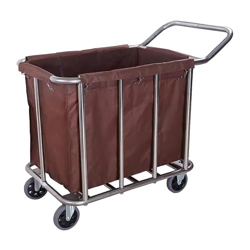 Carro de Limpieza Profesional Cesta Ropa Sucia con Ruedas de 6 y Reposabrazos de Acero Inoxidable y Tela Oxford Carro de Lavandería Industrial(Brown)