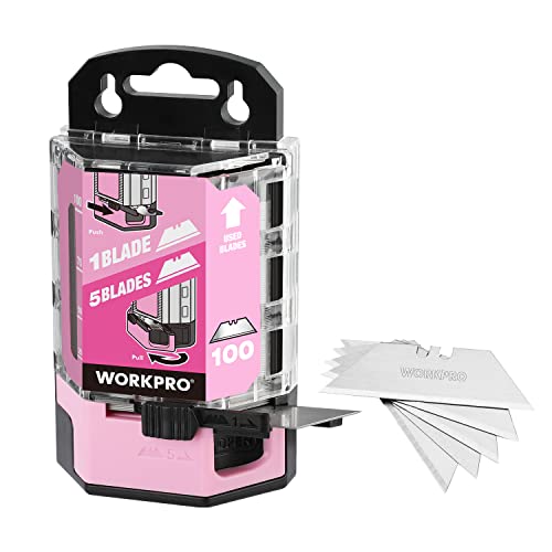 WORKPRO Utility Knife Blades, 100-Pack Utility Blades Replacement with Dispenser, SK5 Carbon Steel - Pink Ribbon