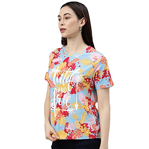 Image of JUNEBERRY Multicolour Cotton Round-Neck T-Shirt with Tropical Print for Women