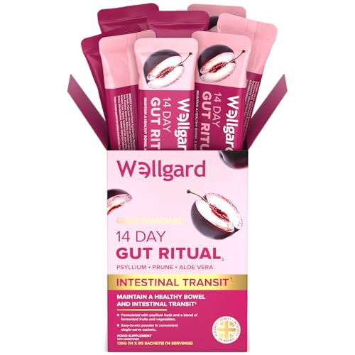 Wellgard 14 Day Gut Ritual - Psyllium Husk Fibre Supplement with Digestive Enzymes Daily Sachets to Maintain Healthy Bowel & Intestinal Transit 14 Single-Serve Sachets