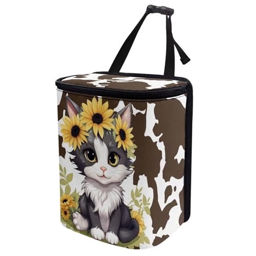 Image of Car Trash Can Cars Waste Basket with Lid Storage Pockets for Disposable Garbage Bag Multipurpose Collapsible Car Organizer, Cat Sunflower Cow Print
