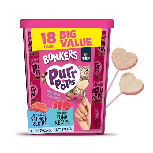 Bonkers Purrpops Freeze Dried Tuna & Salmon Flavor Lollipop Cat Treats Healthy Real Meat Treats Training Treats or Food Topper for All Breeds and Ages Value Pack (18 Pieces)