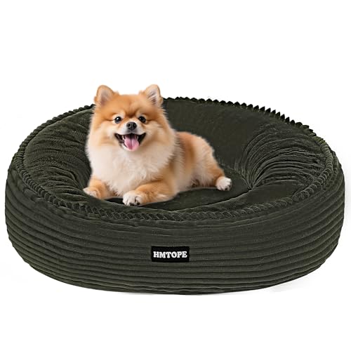 HMTOPE Hundebett Kleine Hunde, Katzenbett Waschbar, Kuscheliges Hundekissen, Rund Cord Hundekorb, Donut, Hundesofa, Abnehmbar und rutschfest, Ø 60 cm, Olivgrün