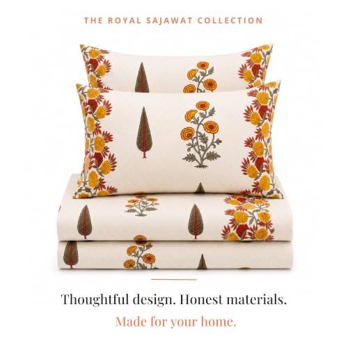 Image of Naksh Bedsheet for Double Bed King Size Floral Print 2 Pillow Covers | Marigold Botanical Bedsheet | Soft Breathable Floral Bedding Set, Ochre Orange | Royal Sajawat Collection |