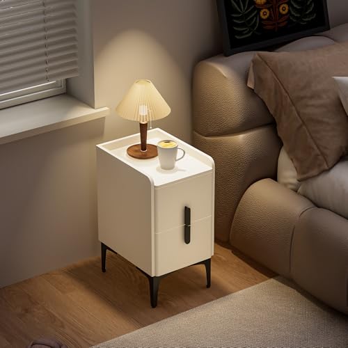 solaround Comodino Stretto con 2 Cassetti - Tavolino da Salotto, Comodino Sottile Moderno in Pelle e Ferro, Design Minimalista per Camera da Letto e Soggiorno (Beige Creme, 30 x 40 x 57 cm)