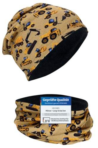 HECKBO Baufahrzeuge Winter Kindermütze & Schal Set - Fleece Innen - 2-8 Jahre - Übergangsmütze für Jungen - Baumwolle - Einheitsgröße (48–54 cm)