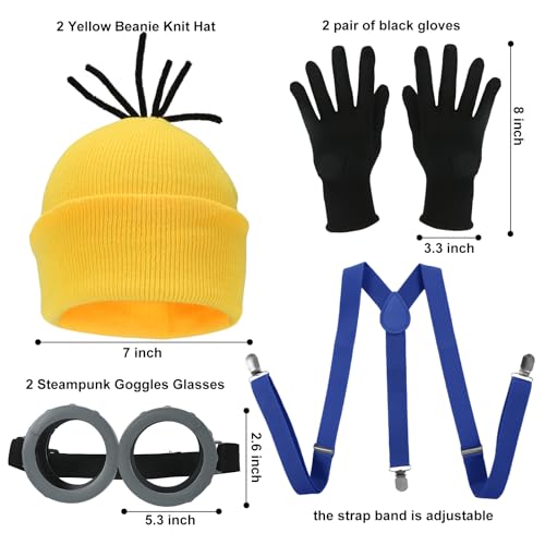 8 Pcs Yellow Halloween Costume Accessories Set,Beanie Hats/Goggles Glasses/Gloves/Suspenders for Unisex Men and Women Adults Cosplay Party Kit3