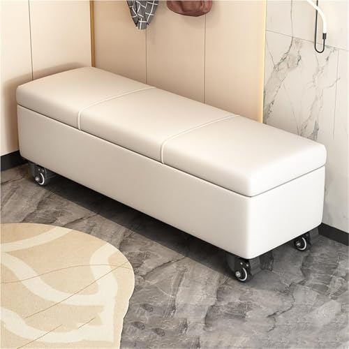 SnamicE Banco otomano Rectangular contemporáneo con almacenaje, tapizado en Cuero y Ruedas universales, para salón, Pasillo, Dormitorio y baño, Color Blanco Roto, 160,Off-white-160cm