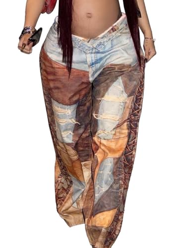 Faux Denim Printed Pants for Women Baggy Y2K Faux Denim Jeans Wide Leg Ripped Elastic Waist Pants Casual Streetwear4