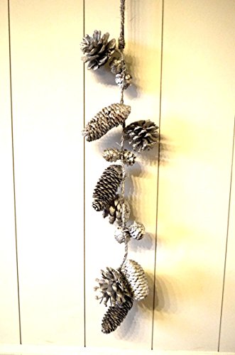 HKT Home Deco Girlande Weihnachtsdeko Tischdeko Tannenzapfen Silber Hänger Baumschmuck Fensterdeko Kranz-Deko Türdeko Weihnachten X-Mas ca. 45cm Länge Cover