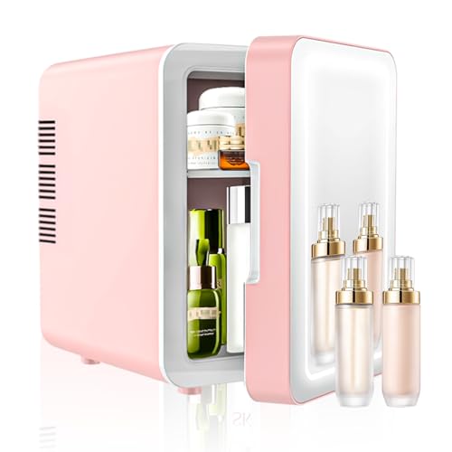 Suewidfay Mini Fridge for Bedrooms 4L, Skincare Fridge with LED Mirror 3 Adjustable Pink Mini Fridge, Cooler Warmer AC DC Power Car Fridge 12v Beauty Fridge for Travel Cosmetics Drinks