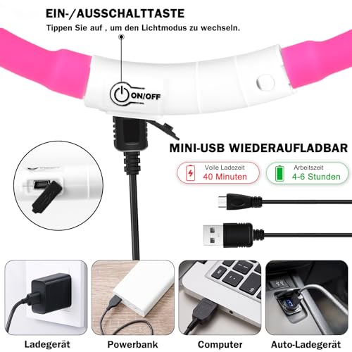 Nepfaivy Leuchthalsband Hund USB Aufladbar - Wasserdichtes Hundehalsband Leuchtend mit Verstellbarer Länge, LED Halsband für Hunde mit 3 Beleuchtungsmodi für Sicherheit, Rosa