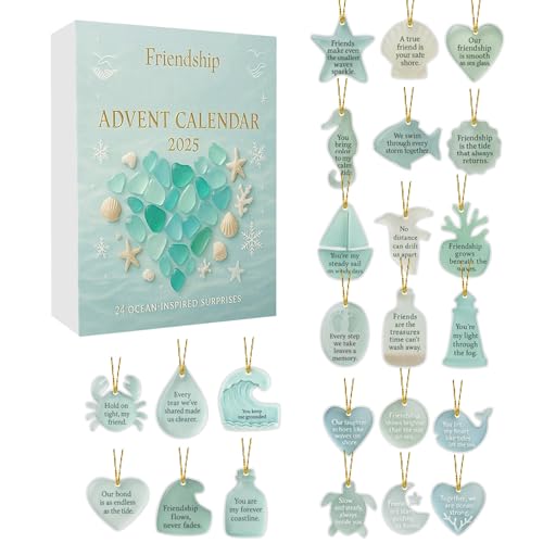 Calendario de Adviento de la amistad de cristal de mar, calendario de cuenta regresiva de Navidad de 24 días con adornos de cristal de mar, regalo de decoración de amistad para mejor amigo (1 juego)