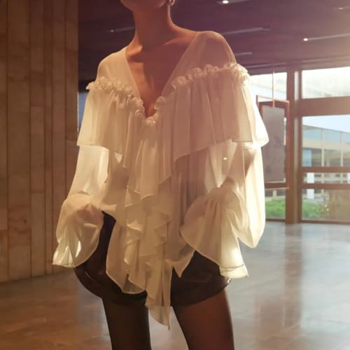 Women's Victorian Ruffled Chiffon Blouse Long Sleeve V-Neck Loose Fit Sheer Shirt Elegant Business Casual Tops3
