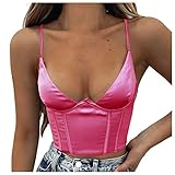 Spaghetti Strap Tank Top for Women, Summer Sexy V-Neck Cleavage Crop Top Solid Bodycon Low Cut Rave...