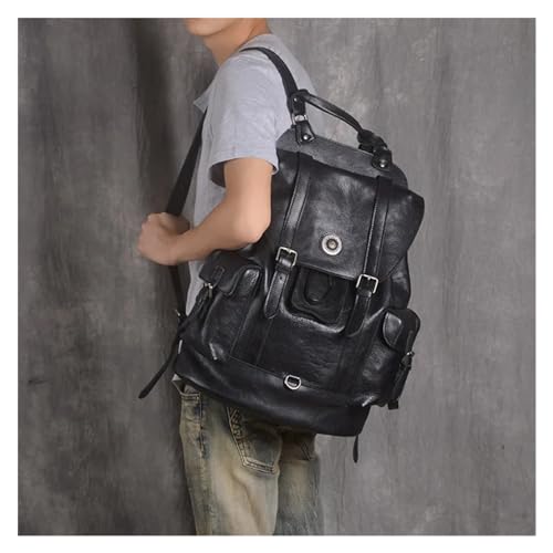 Leather Travel Backpack For Men Multifunctional Fashion Backpack Retro Large Capacity Backpacks For Men(Black)3
