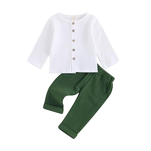 Image of Thorn Tree Toddler Boys Girls Fall Outfits Long Sleeve Button Down Shirt Elastic Waist Pants 2Pcs Little Kids Clothes Set